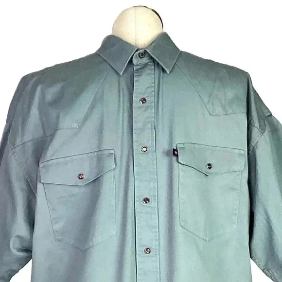 Panhandle Slim Western Shirt Men XL Green Canvas Pearl Snap Work Regular Cotton - Picture 2 of 5